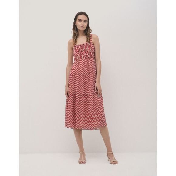 Roberto Verino Strap Midi Dress Raspberry Zigzag Chiffon SZ 8 resort Wear beachy - Picture 1 of 11